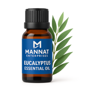MANNAT ENTERPRISES Eucalyptus Essential Oil in amber bottle with blue label and eucalyptus leaves