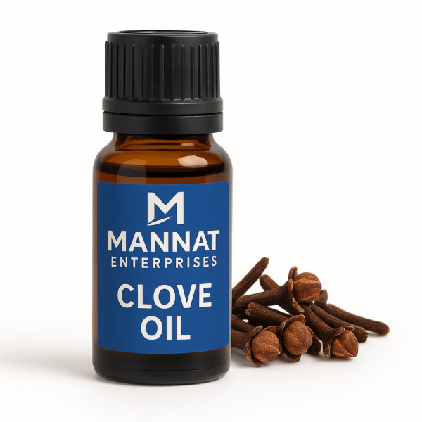 MANNAT ENTERPRISES Clove Oil in amber bottle with blue label and dried cloves beside it