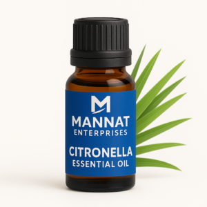 MANNAT ENTERPRISES Citronella Essential Oil in amber bottle with blue label and citronella leaves