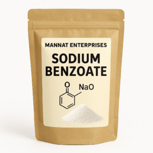 MANNAT ENTERPRISES Sodium Benzoate powder in kraft pouch with chemical structure and white granules
