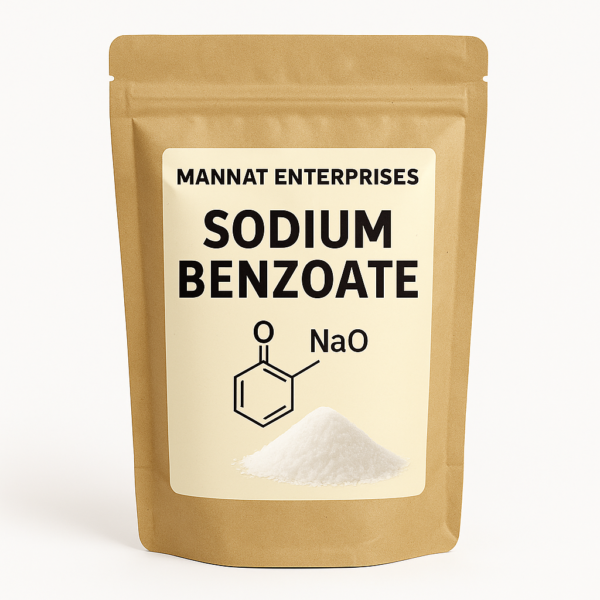 MANNAT ENTERPRISES Sodium Benzoate powder in kraft pouch with chemical structure and white granules