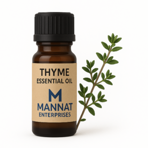 thyme essential oil, thymus vulgaris oil, antimicrobial essential oil, skin health oil, respiratory support oil, immune-boosting oil, natural cleaning agent, third-party essential oil supplier, mannat enterprises thyme oil, herbal essential oil
