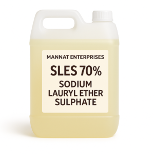 MANNAT ENTERPRISES SLES 70% (Sodium Lauryl Ether Sulphate) in white jerrycan with pale yellow liquid and cream label