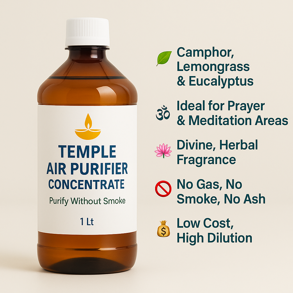 temple air freshener concentrate, camphor spray base, lemongrass temple perfume, herbal devotional spray, ayurvedic air purifier concentrate, pooja room fragrance base