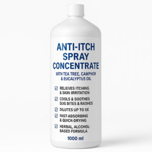 anti-itch spray concentrate, mosquito bite relief formula, tea tree eucalyptus camphor spray base, herbal rash spray, itch cooling mist, anti-fungal skin spray