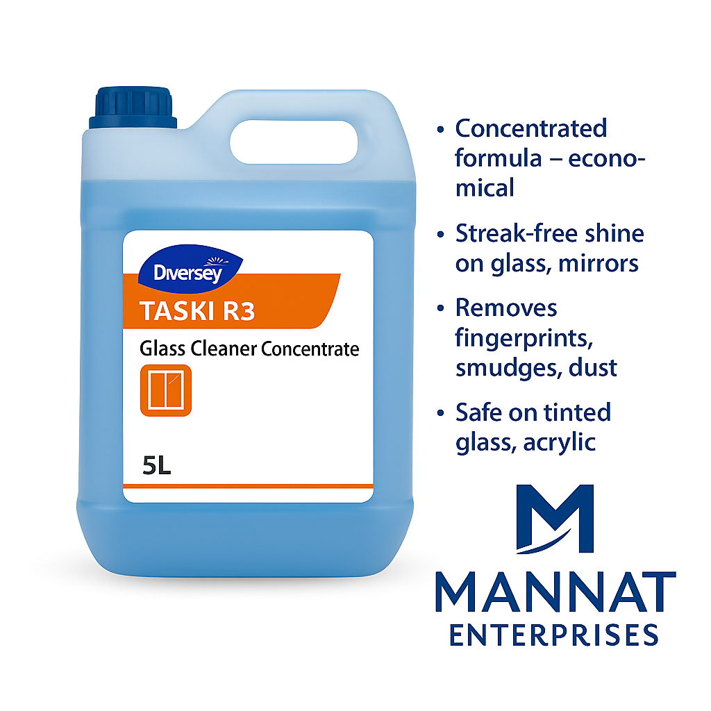 taski r3, glass cleaner, concentrated glass cleaner, mirror cleaner, window cleaner, glass cleaning solution, diversey r3, taski surface cleaner, glass polish, 5 litre glass cleaner