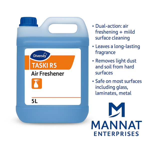taski r5, air freshener, room freshening cleaner, taski room cleaner, diversey air freshener, mild surface cleaner, 5 litre freshener, hotel room freshener, room care solution, taski 5l
