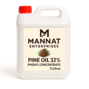 MANNAT ENTERPRISES Pine Oil 32% phenyl concentrate in white jerrycan with pinecone and needle graphic