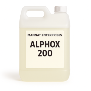 MANNAT ENTERPRISES Alphox 200 surfactant in a white jerrycan with light yellow liquid and cream label