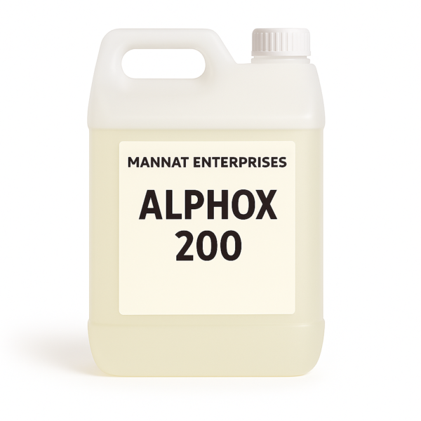 MANNAT ENTERPRISES Alphox 200 surfactant in a white jerrycan with light yellow liquid and cream label
