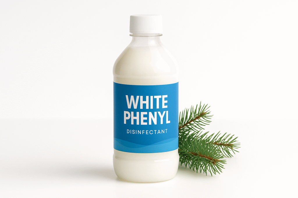 White phenyl concentrate disinfectant bottle with pine leaves on a clean white background