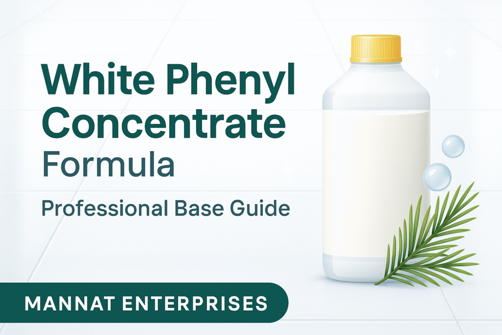 White Phenyl Concentrate Formula concept showing white cleaner bottle and pine oil leaves – Mannat Enterprises.