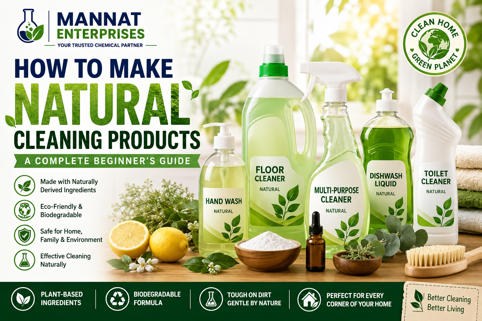 Natural cleaning products including eco-friendly floor cleaner, dishwashing liquid, glass cleaner, bathroom cleaner, and multi-purpose cleaner made with naturally derived ingredients.