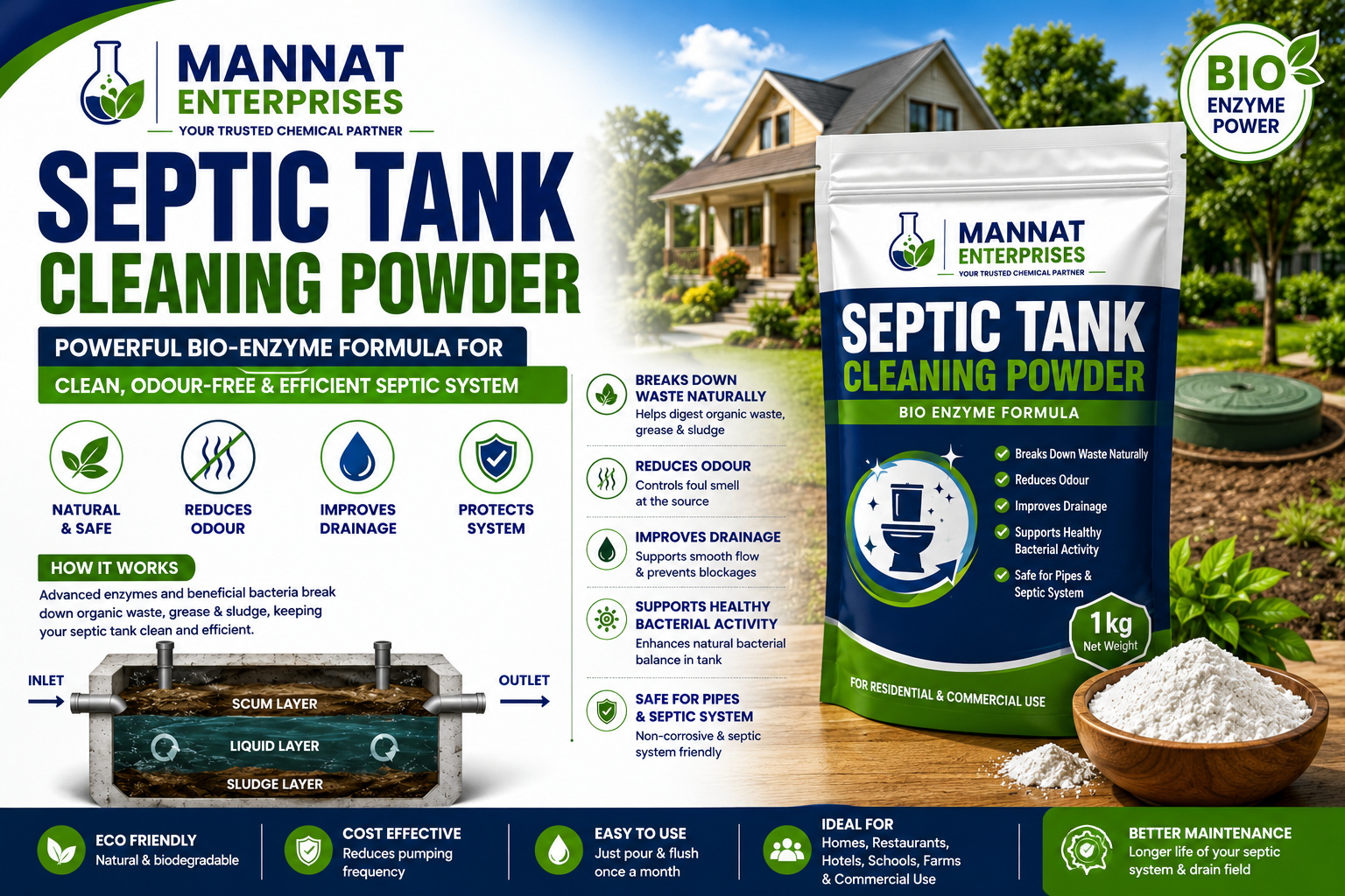 Septic Tank Cleaning Powder used for biological septic system maintenance, supporting waste breakdown, odour management, and routine septic tank care.