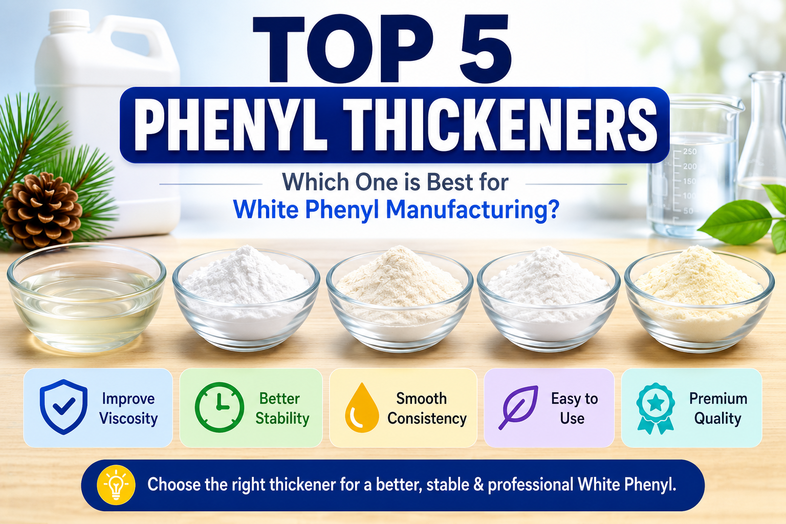 Top 5 Phenyl Thickeners comparison chart for White Phenyl manufacturing including Water-Based Synthetic Thickener, Carbopol 940, HPMC, HEC, and Xanthan Gum