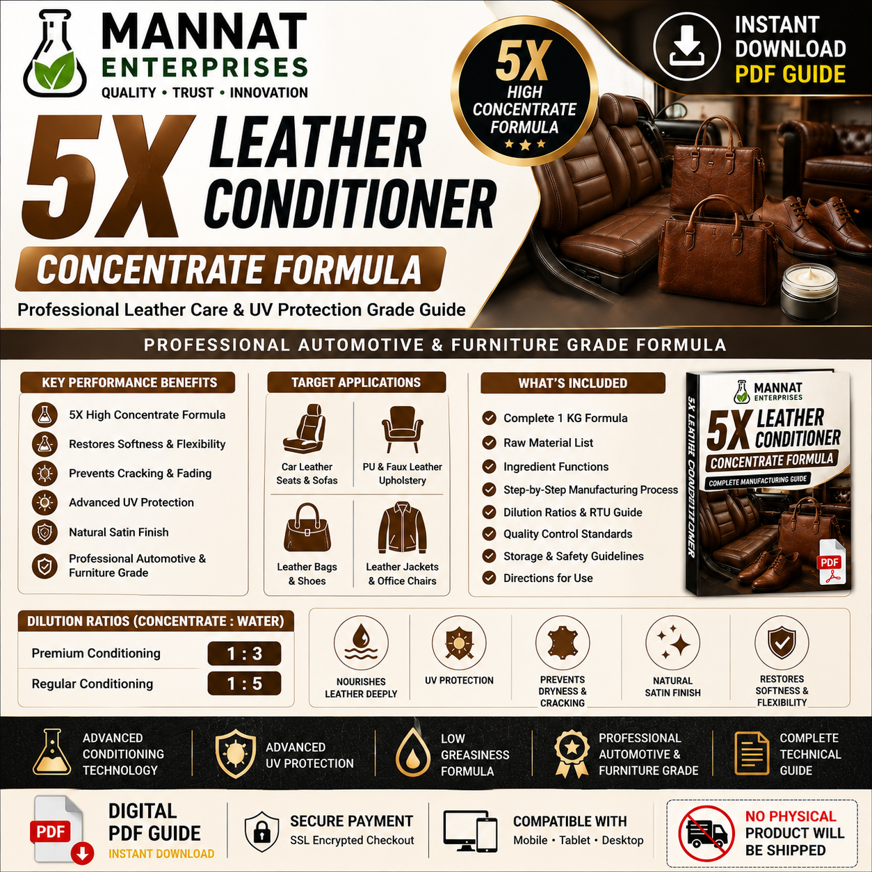 Leather Conditioner Formula, Leather Conditioner Concentrate, 5X Leather Conditioner, Leather Care Formula, Leather Care Concentrate, Leather Polish Formula, Leather Nourisher Formula, Leather Protection Formula, Leather Softener Formula, Leather Moisturizer Formula, Automotive Leather Conditioner, Car Leather Conditioner, Leather Seat Conditioner, PU Leather Conditioner, Faux Leather Conditioner, Leather Sofa Conditioner, Leather Bag Conditioner, Leather Shoe Conditioner, Leather Jacket Care, Leather Restoration Formula, UV Protection Leather Care, Furniture Care Formula, Automotive Detailing Formula, Chemical Formula PDF, Concentrate Formulation, Manufacturing Formula, Private Label Formula, Digital Formula Download, Professional Formula PDF, Mannat Enterprises