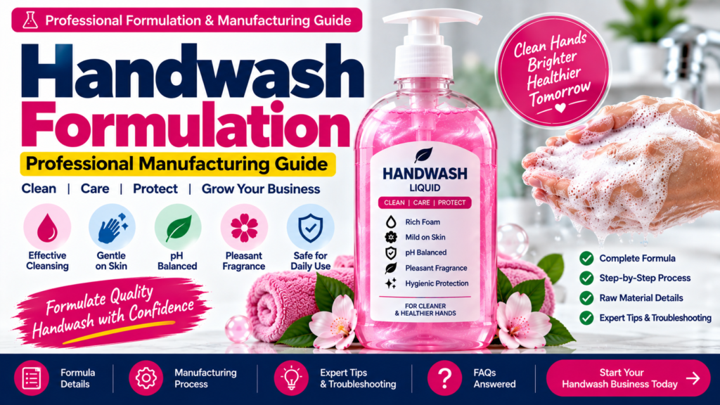 handwash making formula, liquid handwash formulation, handwash manufacturing process, SLES 28 handwash formula, ALS handwash formula, coco glucoside handwash, pearl handwash formula, CDEA handwash, CMEA handwash, commercial handwash manufacturing, handwash business