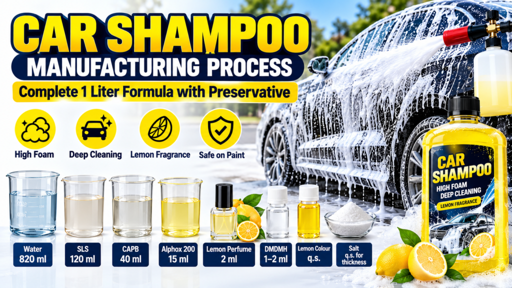 car shampoo formulation, car shampoo formula, car shampoo manufacturing, car wash shampoo, high foam car shampoo, foam gun car shampoo, foam cannon shampoo, car cleaning products, car care products, automobile cleaning products, car shampoo concentrate, lemon car shampoo, SLS car shampoo, CAPB car shampoo, Alphox 200 formulation, DMDMH preservative, liquid car shampoo, car wash chemical, car detailing products, car wash business, car care business, car shampoo making, car shampoo manufacturing process, automotive shampoo formulation, cleaning product formulation, car wash product manufacturing, homemade car shampoo, commercial car shampoo, high foaming shampoo formulation